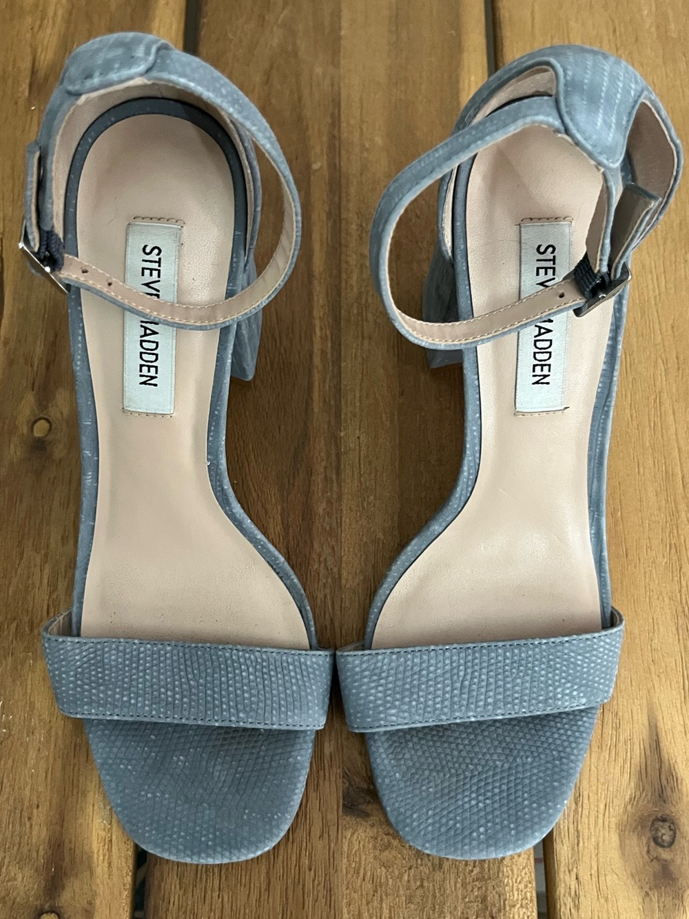 Steve Madden Dusty Blue Croc Embossed Suede Ankle-Strap Block Heels